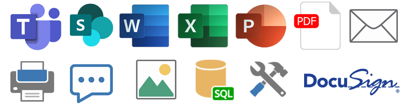Dieses Bild zeigt die Output-Möglichkeiten von dox42 und ihre Logos: Microsoft Teams, SharePoint, Word, Excel, PowerPoint, auch PDF; Emails, Print, Images, SQL, Custom, DocuSign und viele weitere
