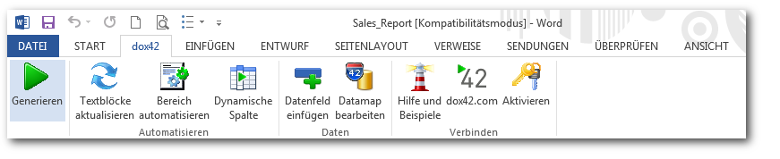 dox42 Word Add-In Ribbon dox42 Word Add-In - Vorlagen gestalten, Word automatisieren.