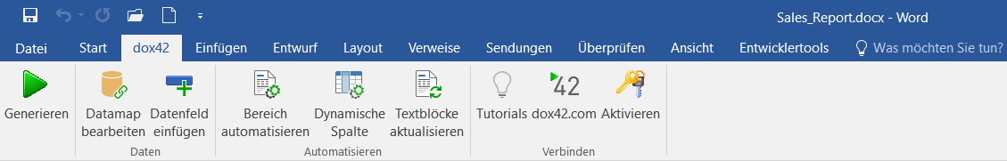 dox42 Word Add-In Ribbon dox42 Word Add-In - Vorlagen gestalten, Word automatisieren.