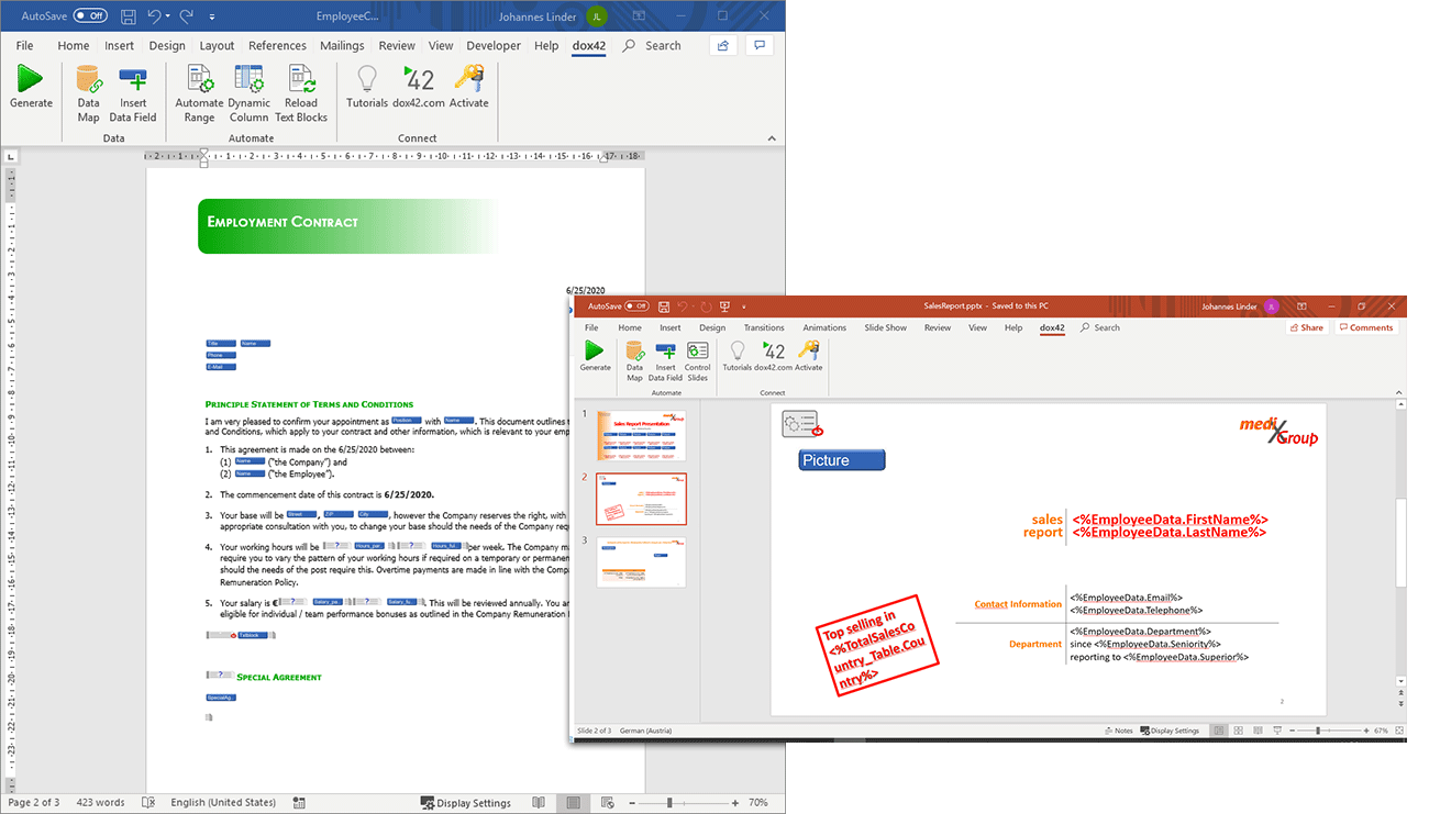 Automate documents with the dox42 Server and design templates in Microsoft Word, Excel and PowerPoint.
