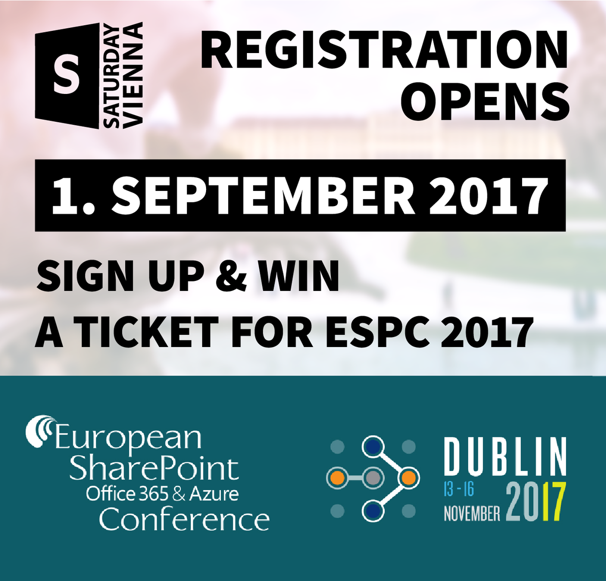 Ab heute zum SharePoint Saturday Wien registrieren, 1 Ticket für die ESPC 17 in Dublin gewinnen und damit auf Sponsor dox42 auf beiden Events besuchen!