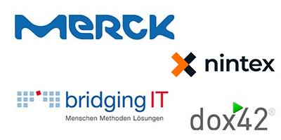 Logos: Merck, Bridging IT, Nintex, dox42
